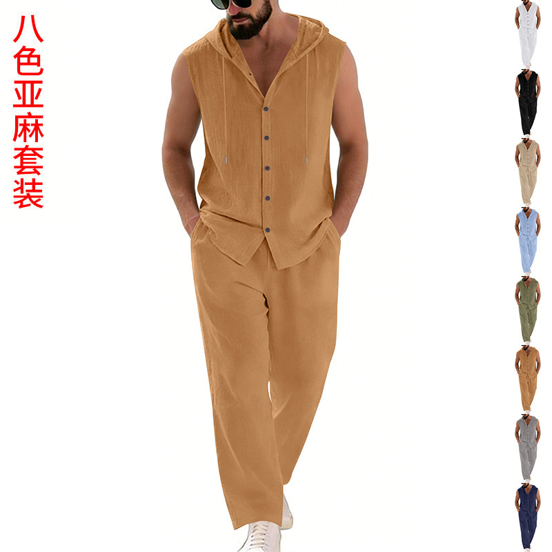 Summer Clothing Us - Erkek Günlük Keten Takım Elbise Kapüşonlu