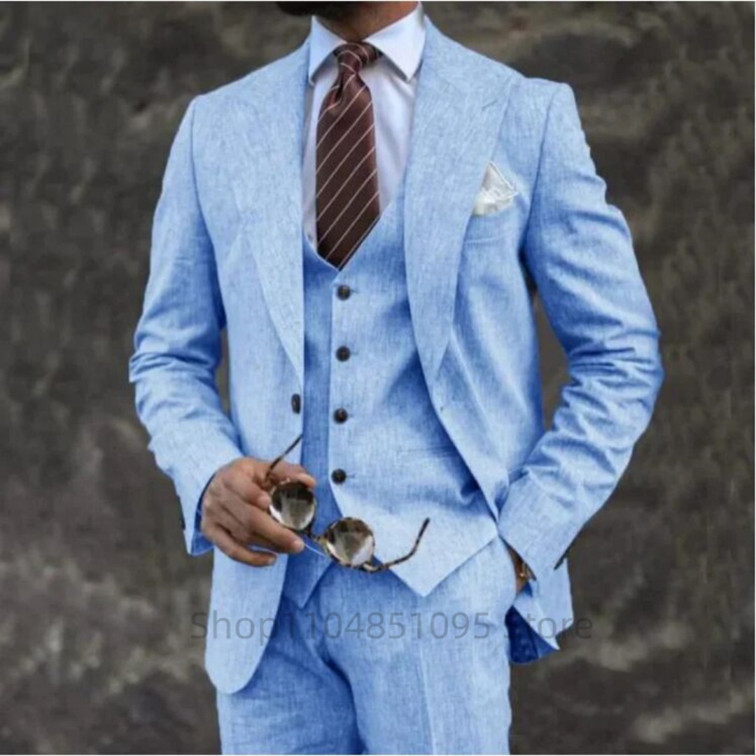 Summer Clothing Men Linen - Yüksek Kalite 3 Parça Bej/Mavi Keten