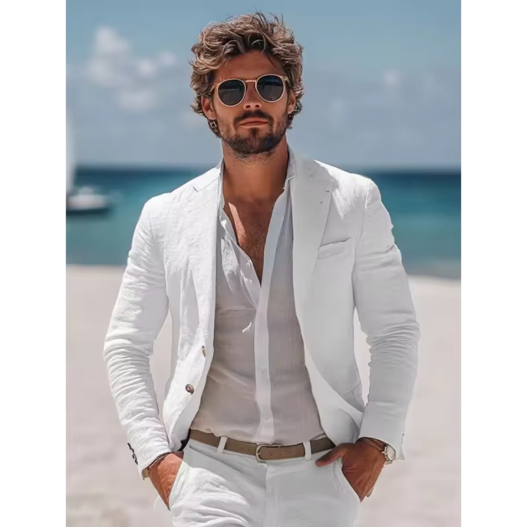 Summer Clothing Men Linen - Beyaz Keten 2 Parça Erkek Takım