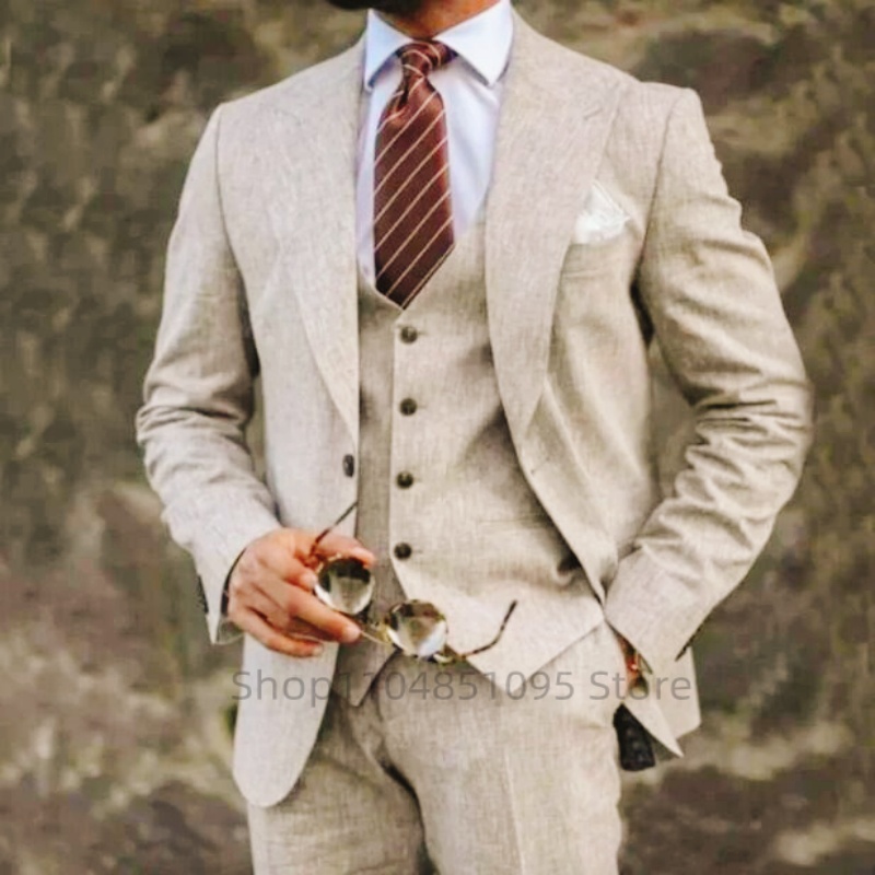 Yüksek Kalite 3 Parça Bej/Mavi - Summer Clothing Men Linen incelemesi ve fiyatı