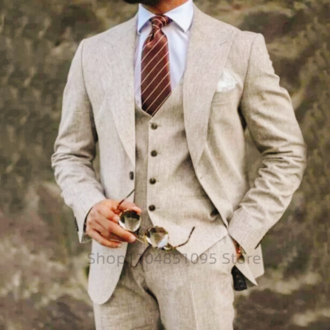 Yüksek Kalite 3 Parça Bej/Mavi - Summer Clothing Men Linen incelemesi ve fiyatı